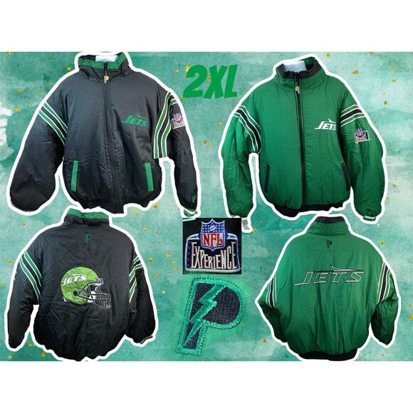 Reversable Vintage 90s New York Jets NFL Pro Player Puffer Jacket Coat XXL Green - Picture 1 of 14
